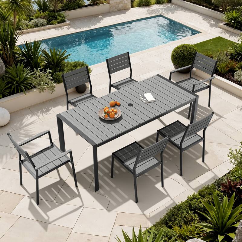 7-Piece Outdoor Patio Dining Set Wood Like Table Top Aluminum Rectangular Umbrella Hole Table with Rattan Chairs - Grey