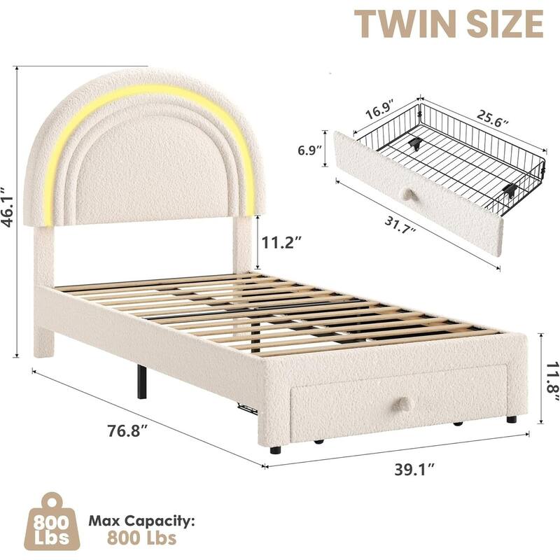 Upholstered LED Bed Frame, with Storage Drawer
