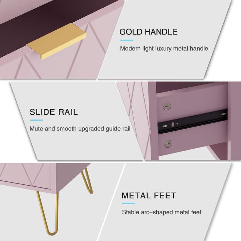 Modern Set of 2 Nightstands with Metal Legs 2-Drawer Bedside Table