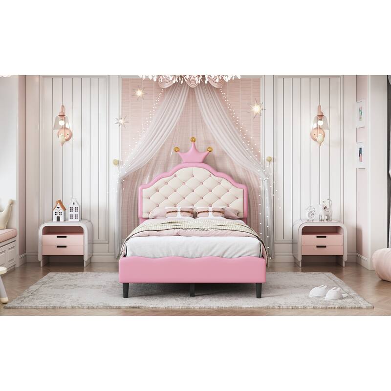 Twin Size Crown Fantasy PU Leather Princess Bed with Tufted Headboard, Pink and Cream