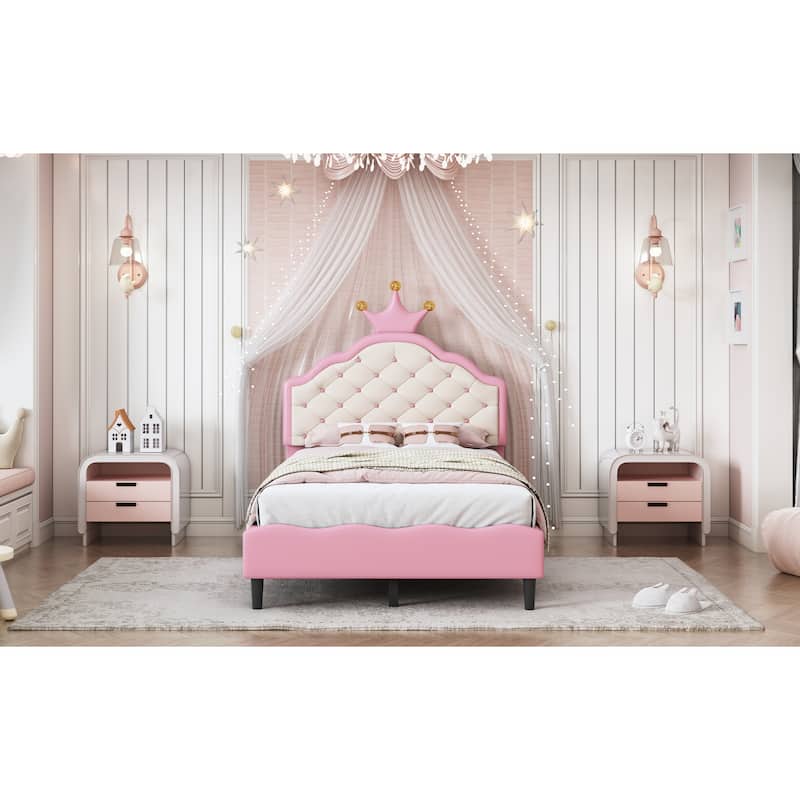 Twin Size PU Leather Princess Bed with Crown-Shaped Tufted Headboard, Pink and Cream Upholstered Kids Bed