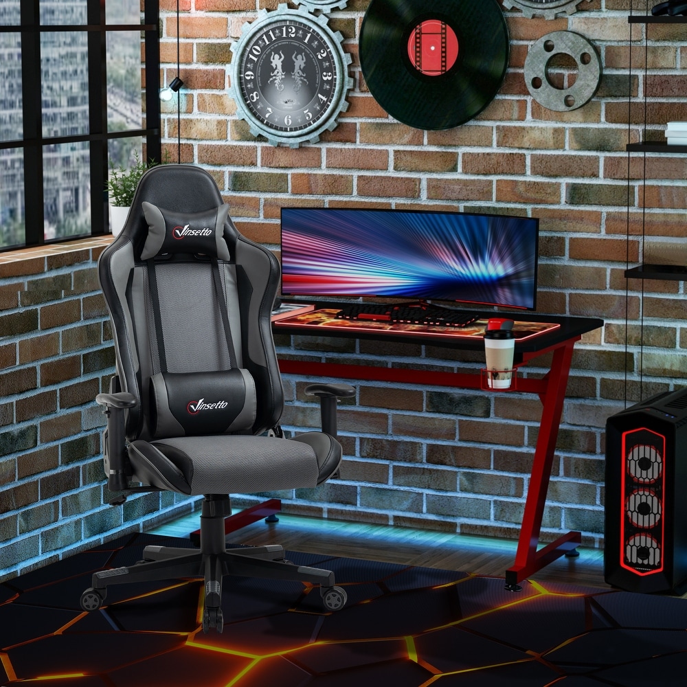 Armen Living Aspect Adjustable Racing Gaming Chair in Black Faux Leather and Red Mesh with Lumbar Support Pillow