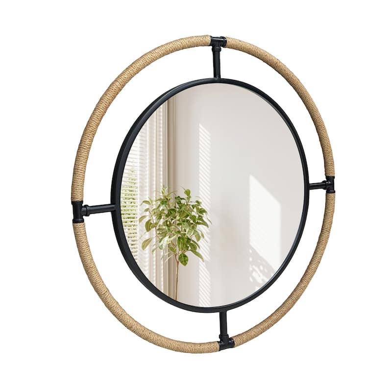 Coastal Rope & Iron Round Wall Mirror Hanging Decor for Living Room - 32"X32"