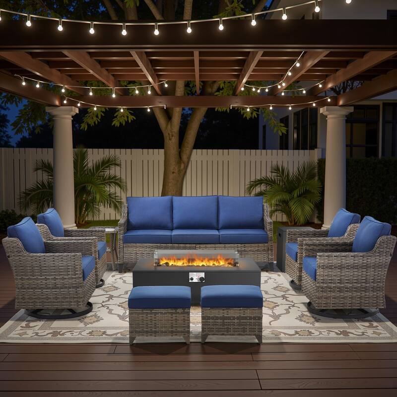 Glissia 9-Piece Gray Wicker Fire Pit Conversation Set with Modern Steel Fire Pit - Navy Blue Cushions - Gray Wicker