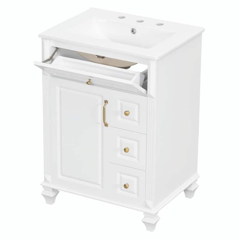 24" Bathroom Vanity with Sink, Freestanding Vanity Cabinet with Flip-Out Drawer, 3 Drawers, Ceramic Top