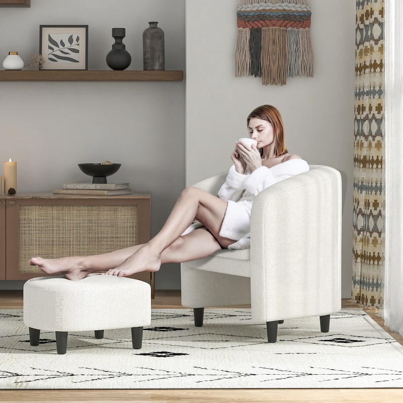 Gymax Modern Barrel Chair with Footrest Soft Teddy Velvet Anti-slip