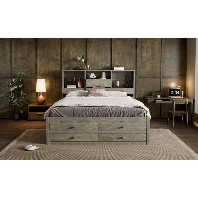 Roomfitters Queen/King Platform Bed with Storage Headboard and 8 Drawers, Solid Wood