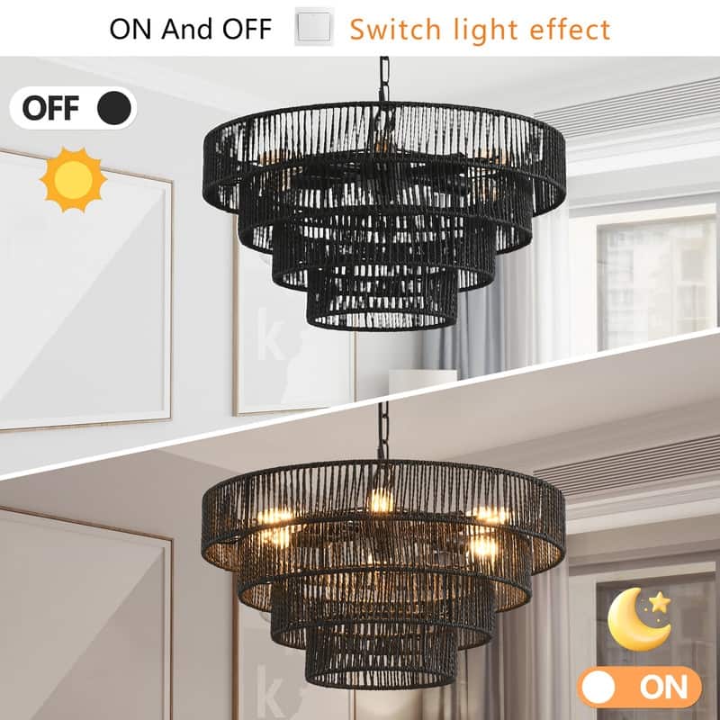 Modern Layered Hemp Rope Chandelier in Boho Style, Elegant Hanging Light for Living, Dining & Bedroom Areas (Bulbs Not Included)