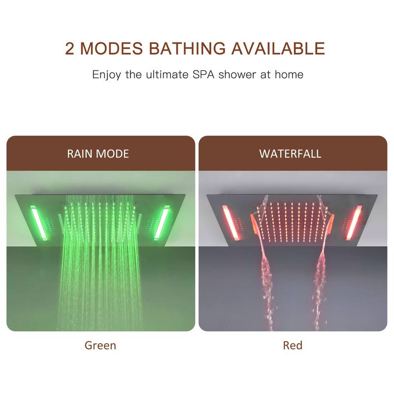 Luxury 4-Spray Patterns 23 in. Ceiling Mount Shower System with Handheld Shower Head, 6 Body Jets, LED, and Music - 15" x 23"