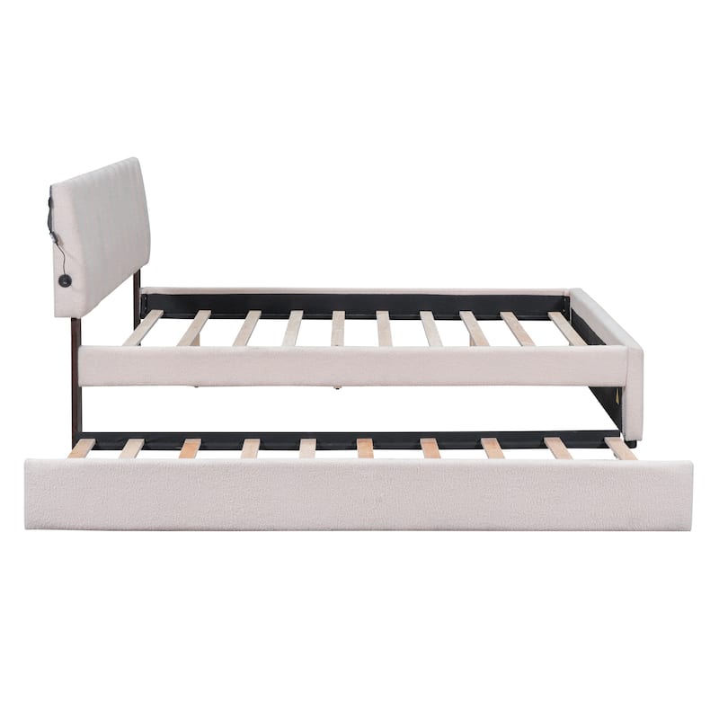 Teddy Fleece Queen Size Upholstered Platform Bed with Trundle