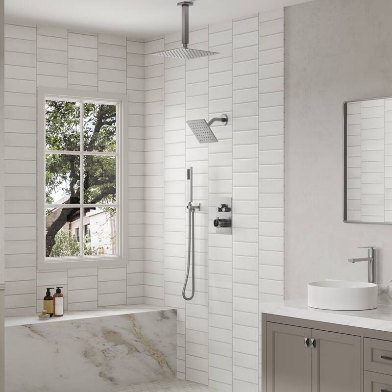 Thermostatic Shower Faucet, 12" High-Pressure Dual Showerheads System with Rough-In Valve