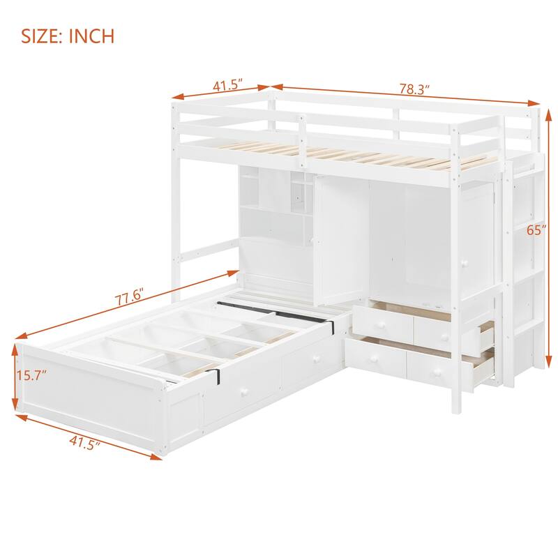 L-shaped Bunk Bed Twin Over Twin with Side Wardrobe and Under Drawers, Down Hydraulic Bed with Storage Shelves for Bedroom