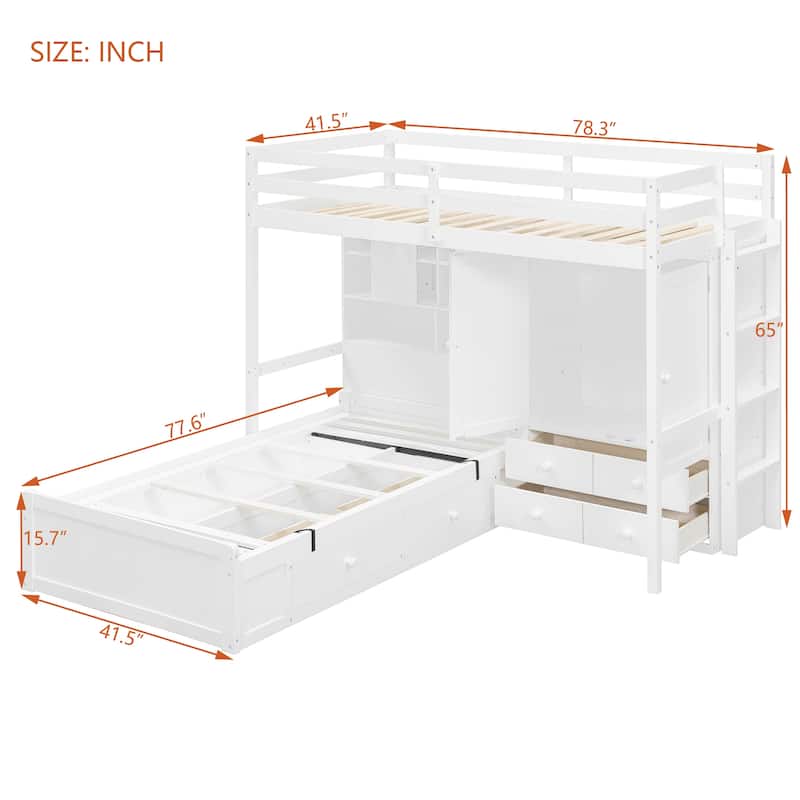 Twin Bunk Bed with Drawers, Wardrobe, Shelves and Hydraulic Lift Storage, Space Saving Bed for Kids Teens