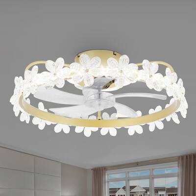 Oaks Aura 21in. Modern Smart App Control Daisy Crystal Low Profile Ceiling Fan With Light, Flush Mount Ceiling Fan for Bedroom