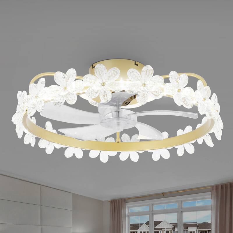 Oaks Aura 21in. Modern Smart App Control Daisy Crystal Low Profile Ceiling Fan With Light, Flush Mount Ceiling Fan for Bedroom - Gold