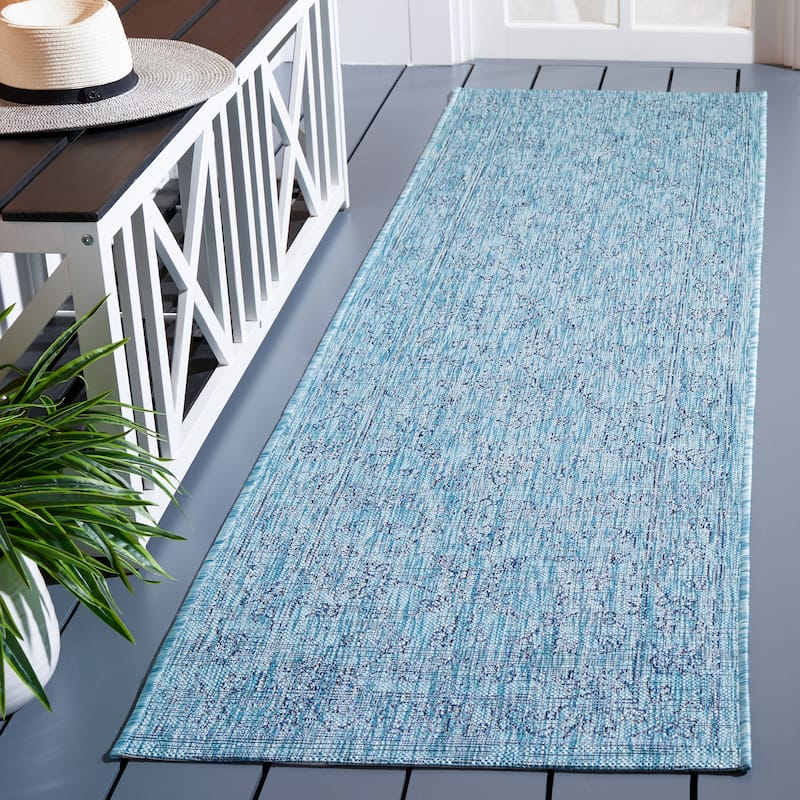 SAFAVIEH Courtyard Aquata Indoor/ Outdoor Waterproof Patio Backyard Rug - 2'3" x 8' Runner - Aqua/Navy