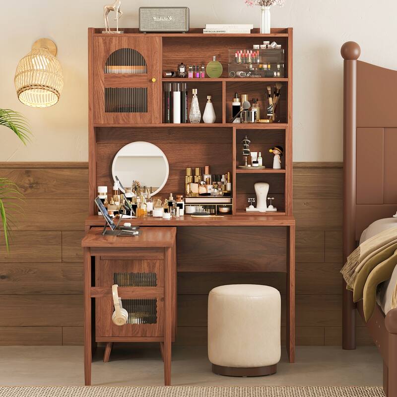 90° Rotating Computer Desk, L Shaped Office Desk Gaming Table Corner Writing Desk with Storage Drawer, Cabinets & Shelves