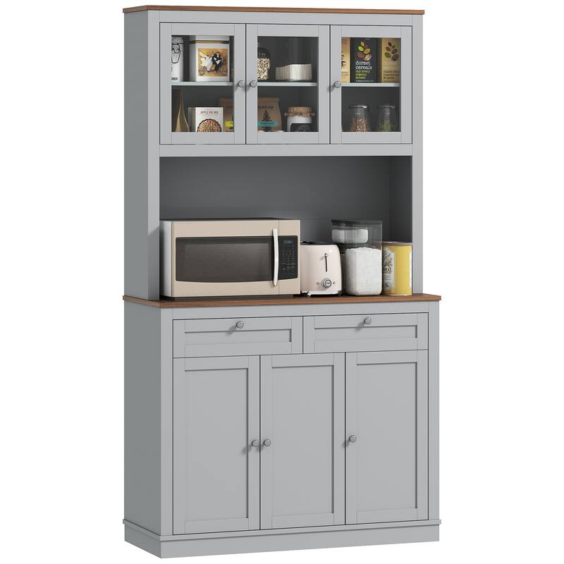 HOMCOM 71" Tall Kitchen Pantry Storage Cabinet with Microwave Stand, Adjustable Shelves and Glass Doors for Kitchen, White