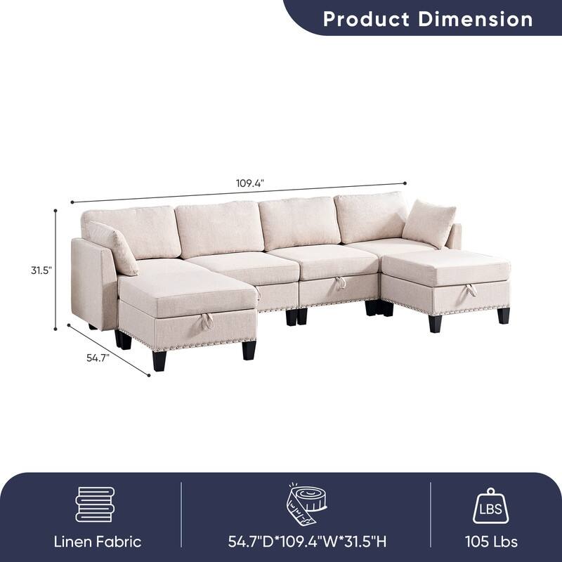 Mixoy Rivet Design Flexible Combination Reversible 4-Seater Modular Sofa with Storage Ottomans,Linen Convertible Sleeper Sofa