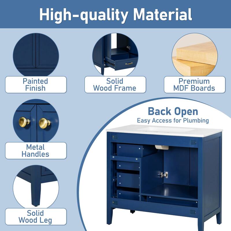 36-Inch Bathroom Vanity with Soft-Closing Drawers,Ceramic Sink,and Wood Frame