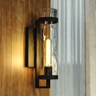 VAXCEL Seymour 1-Light Textured Black Outdoor Wall Sconce made of Durable Metal, Clear Water Glass Shade, LED Compatible