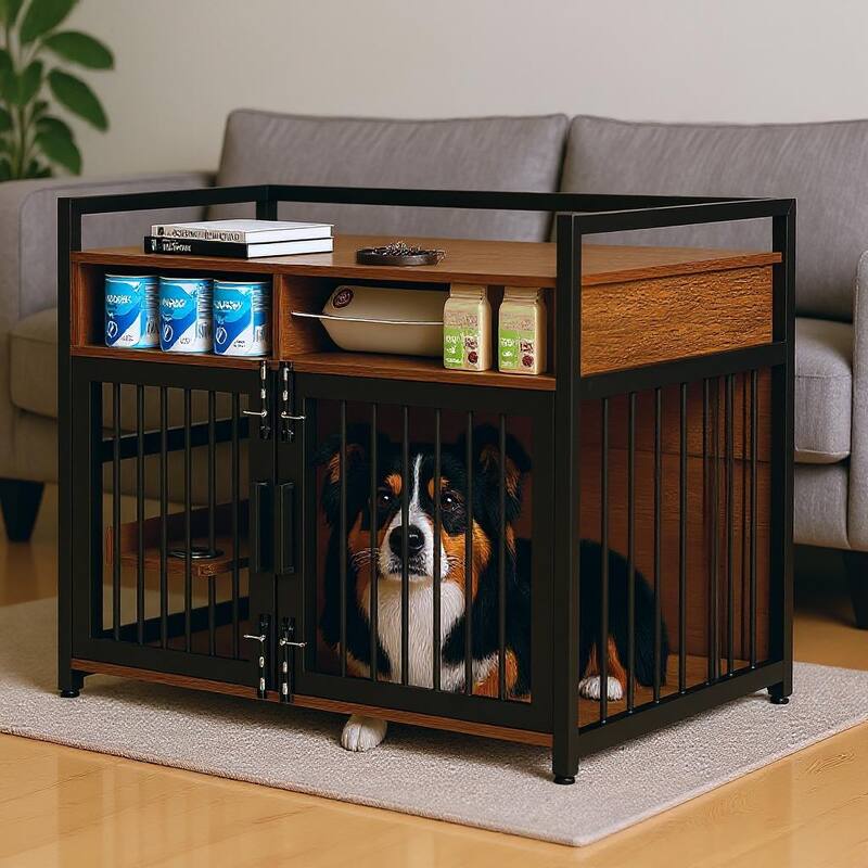 Heavy Duty Dog Crate Furniture, with Double Doors & Storage - 41"