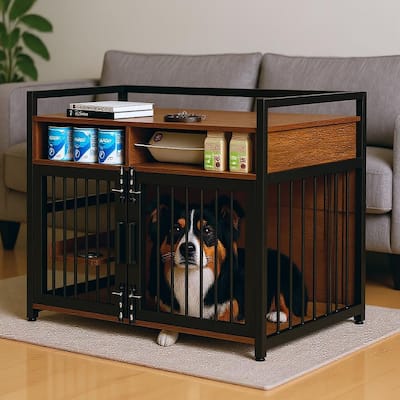 Heavy Duty Dog Crate Furniture, with Double Doors & Storage