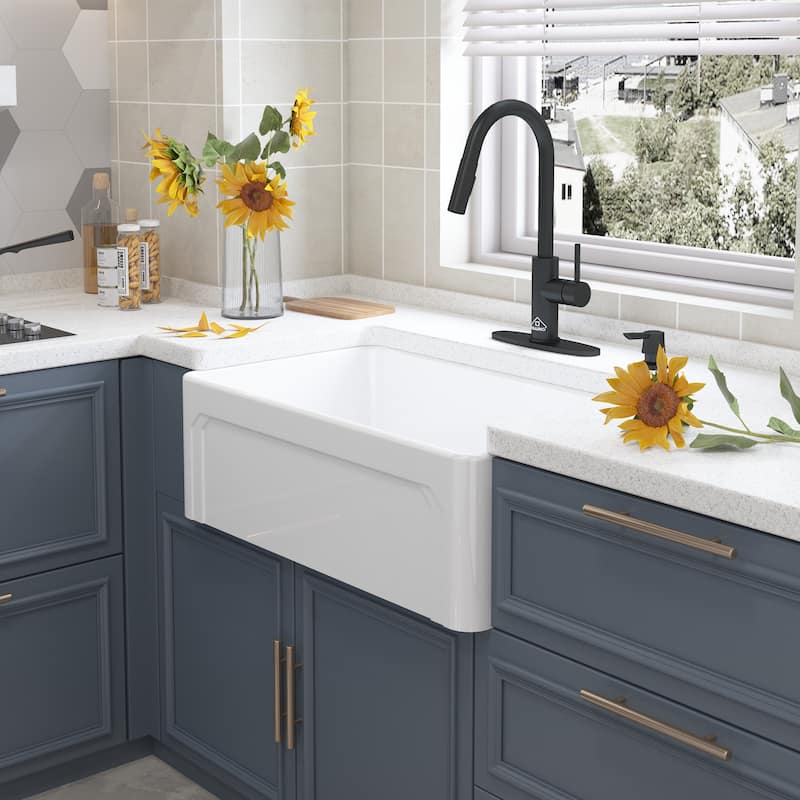 Fireclay Farmhouse/Apron-Front Frame Design Reversible Installation Single Bowl Kitchen Sink with Kitchen Faucet and Accessories