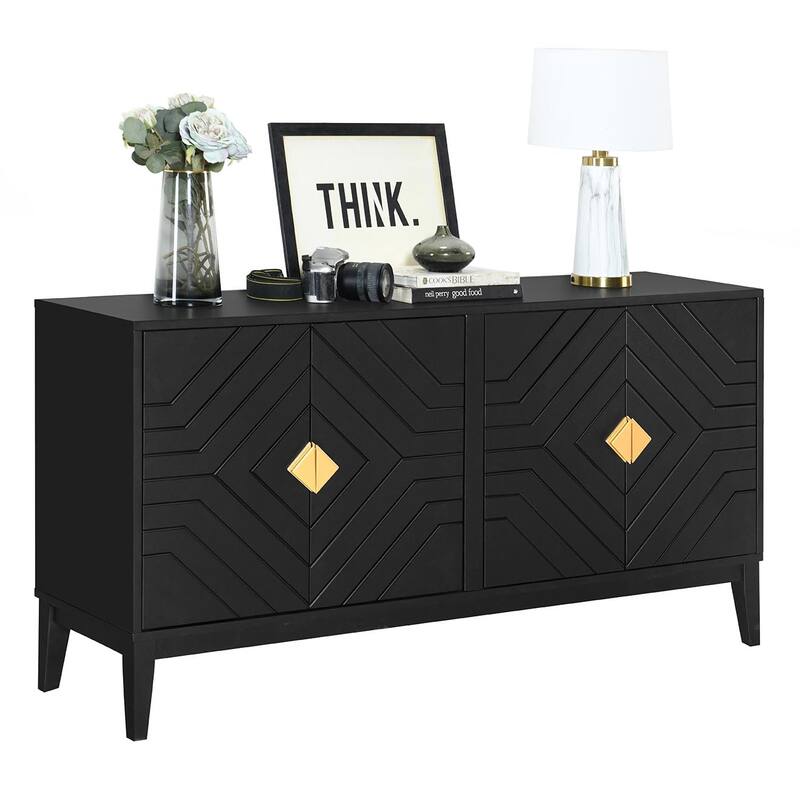 Sideboard with Grooved Doors, Gold Handles, and Ample Storage Space