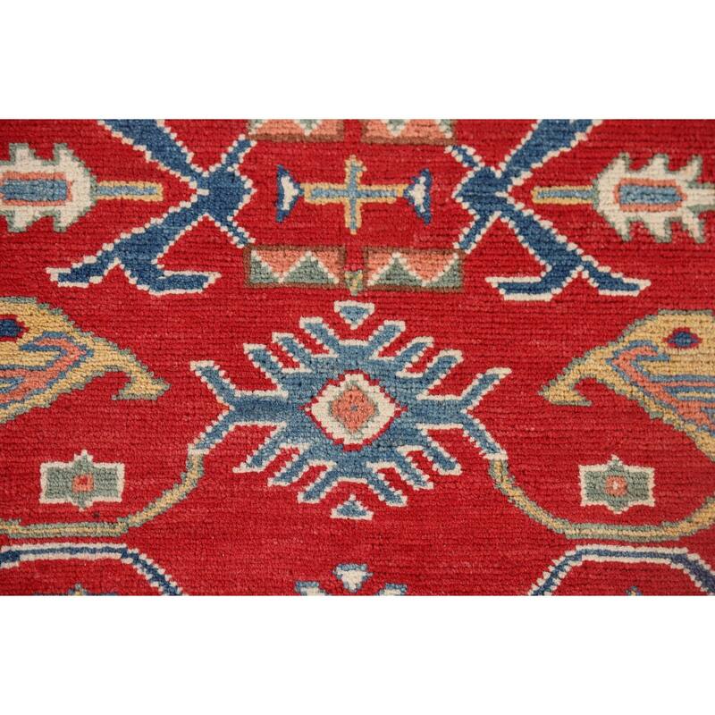Red Geometric Kazak Oriental Runner Rug Handmade Wool Carpet - 2'7" x 9'8"