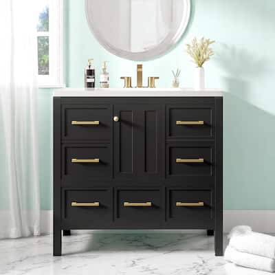 Modern 36 Inch Bathroom Vanity with Resin Basin Top, 5 Storage Drawers and Cabinet, Freestanding Bathroom Cabinet