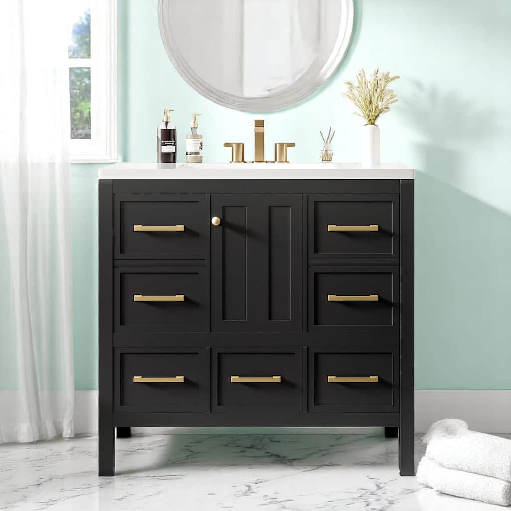 Modern 36 Inch Bathroom Vanity with Resin Basin Top, 5 Storage Drawers and Cabinet, Freestanding Bathroom Cabinet