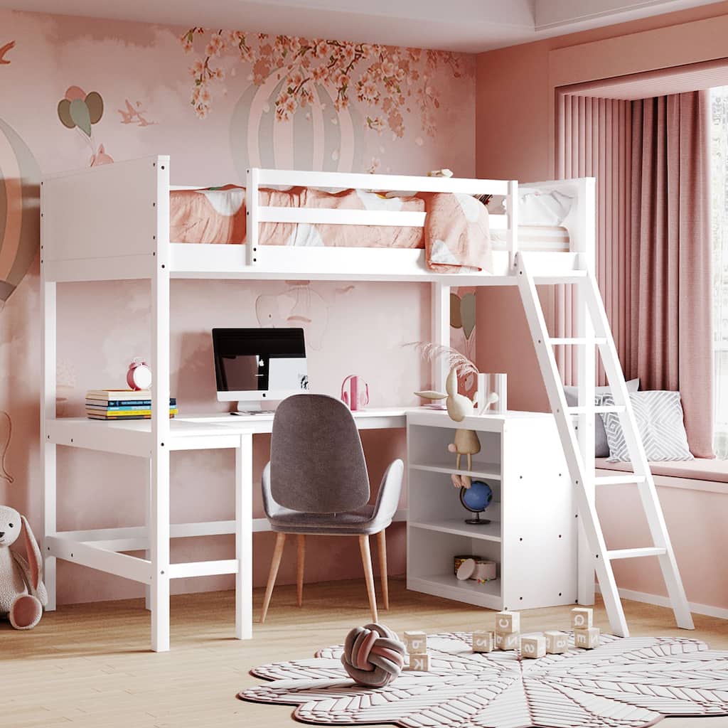 Space-Saving Twin Loft Bed with Shelves and Desk in White