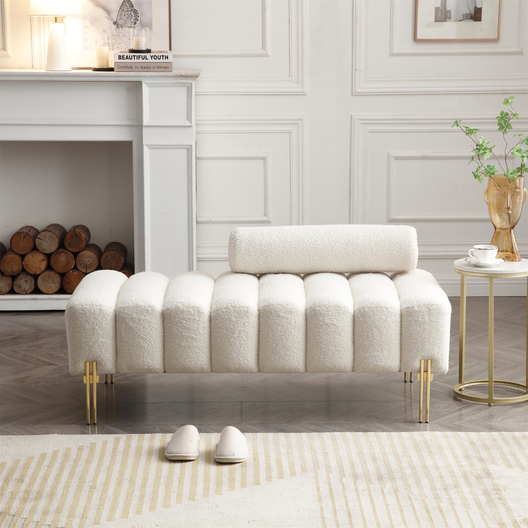 Upholstered Bench with Gold Metal Legs