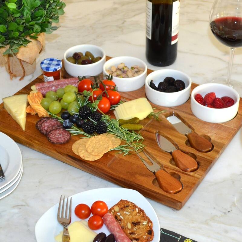 Eight piece Acacia Charcuterie Board, Ceramic Bowls & Cheese Tools