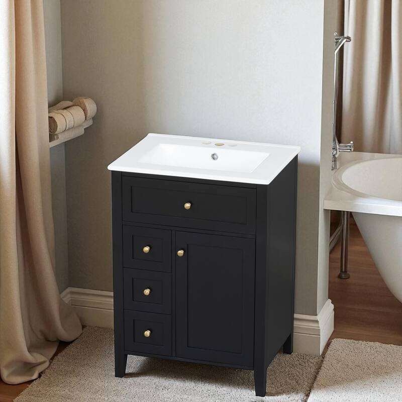 24" Bathroom Vanity with Sink, Freestanding Cabinet with 3 Drawers & Adjustable Shelf, MDF and Rubberwood Base