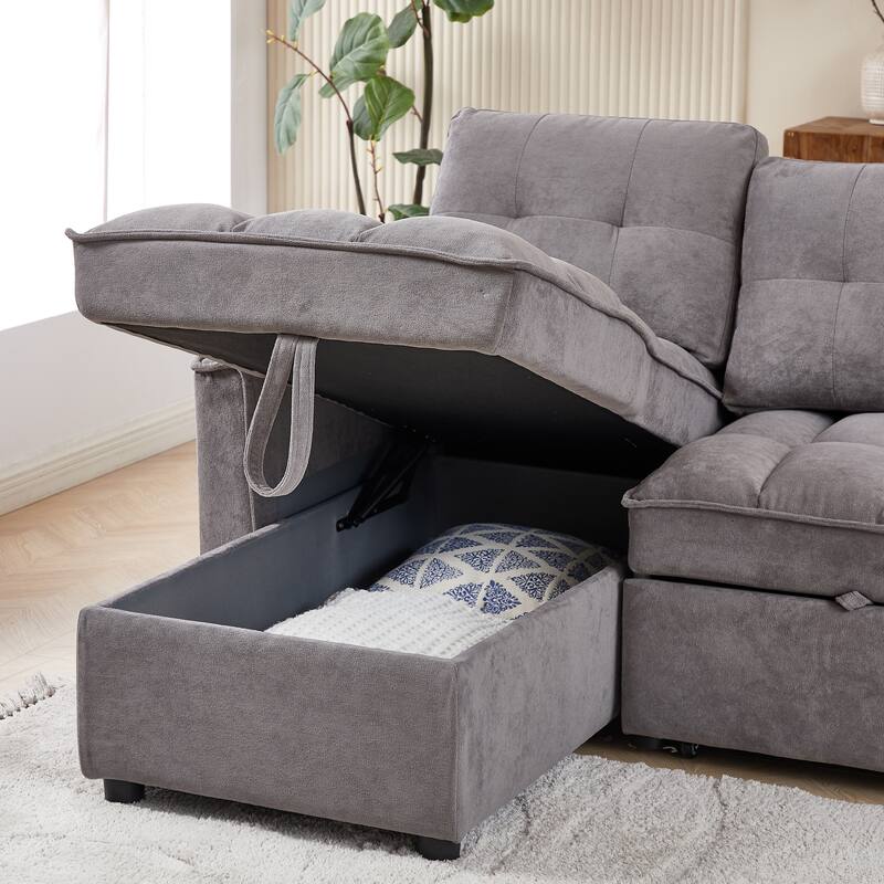 L-Shaped Reclining Sofa with Pull-Out Bed, USB Charging Ports and Storage, Arm Side Organizer for Living Room Comfort