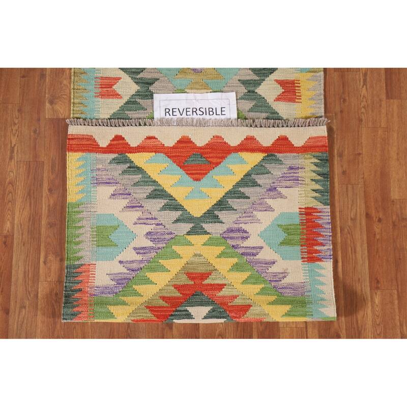 Hand Woven Oriental 100% Wool Carpet Southwestern Geometric Multi-Colored Kilim Runner Rug - 8' 2'' X 2' 8''
