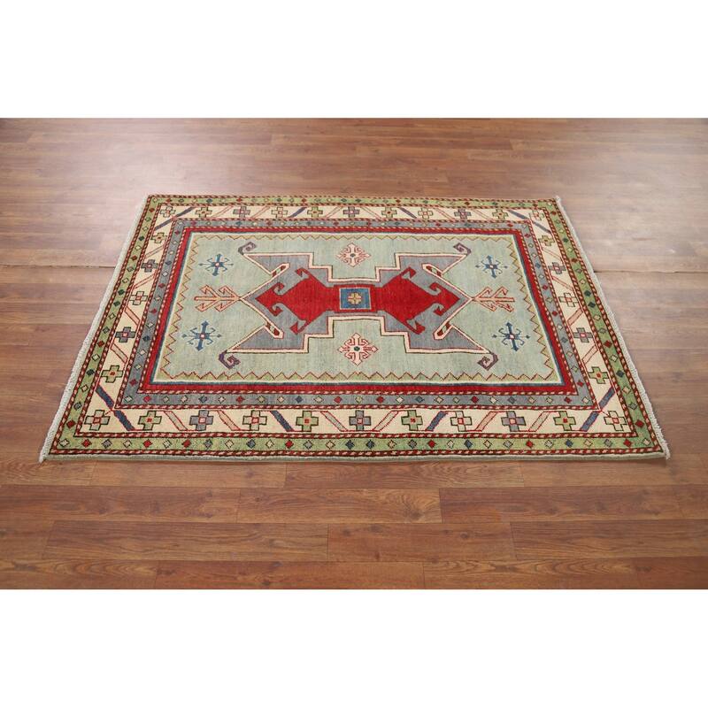 Green Kazak Accent Rug Hand-Knotted Wool Carpet - 3'6" x 4'11"