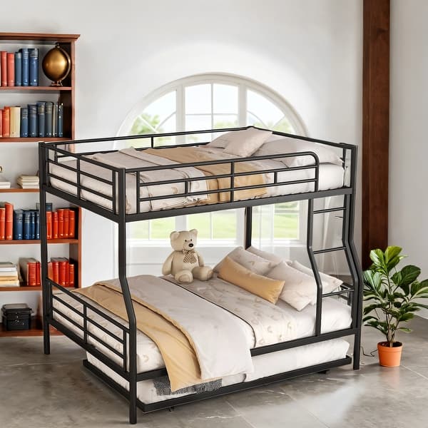 slide 2 of 12, Full Xl Over Queen Metal Bunk Bed With Trundle, Easy Assembly Black