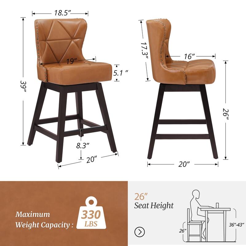 Modern 26 in. H Counter Height Bar Stools Upholstered 360 Free Swivel Counter Stools with Nailhead Trim