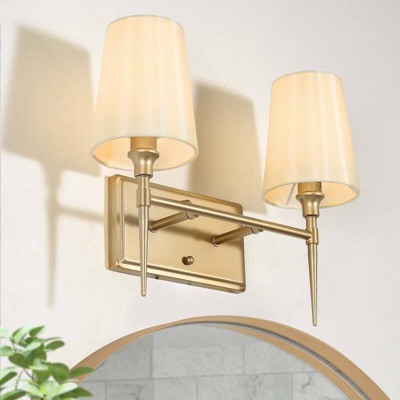 Modern 3-Light Gold Bathroom Vanity Light Fabric Wall Sconce for Powder Room - L15"/2-Light