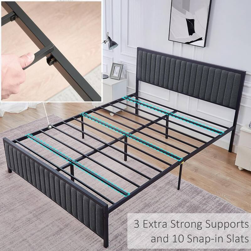 Javlergo Bed Frames with Upholstered Tufted Headboard and Footboard, Heavy Duty Steel Slats Platform, No Box Spring Needed