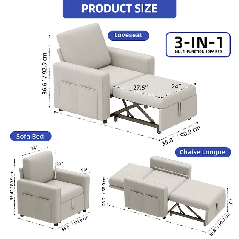 3-in-1 Convertible Sofa Chair Bed with Pull-Out Sleeper and Reclining Lounge for Living Room or Small Space Comfort