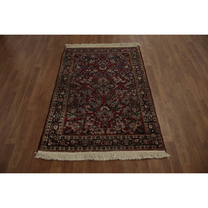 Hand Knotted Oriental 100% Wool Carpet Traditional Floral Red Sarouk Area Rug - 4' 11'' X 3' 4''