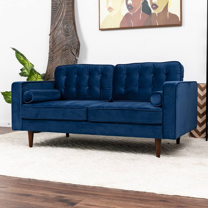 Mid Century Modern Harriet Blue Velvet Loveseat - 32"H x 65"W x 35"D