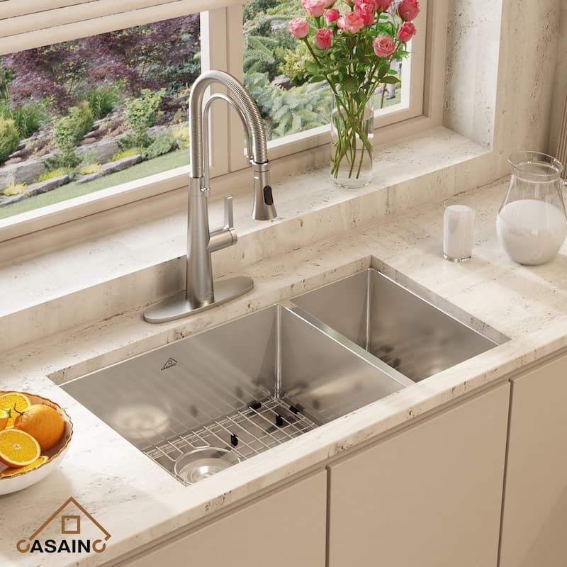 All-in-One Handmade Undermount 60/40 Double Bowl Stainless Steel Kitchen Sink with Faucet, Bottom Grids, and Basket Strainers - Brushed Kitchen Sink+Brushed Nickel Kitchen Faucet