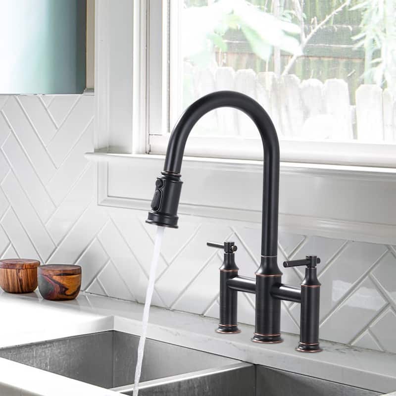 WOWOW Double Handle Pull Down Sprayer Bridge Kitchen Faucet
