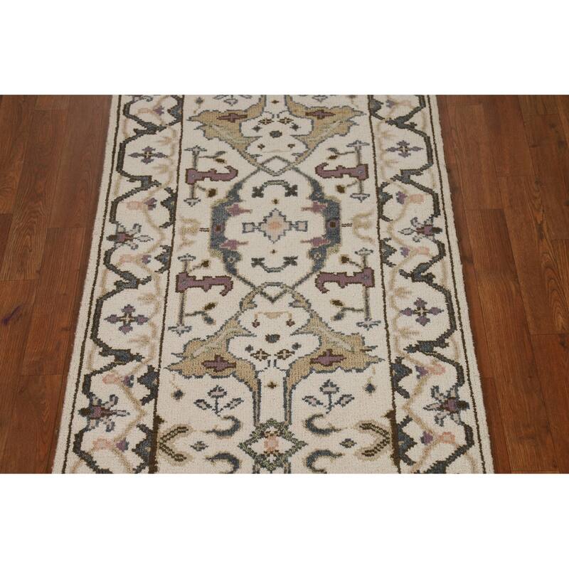 All-Over Ivory Oushak Indian Runner Rug Hand-Knotted Wool Carpet - 2'7"x 8'0"