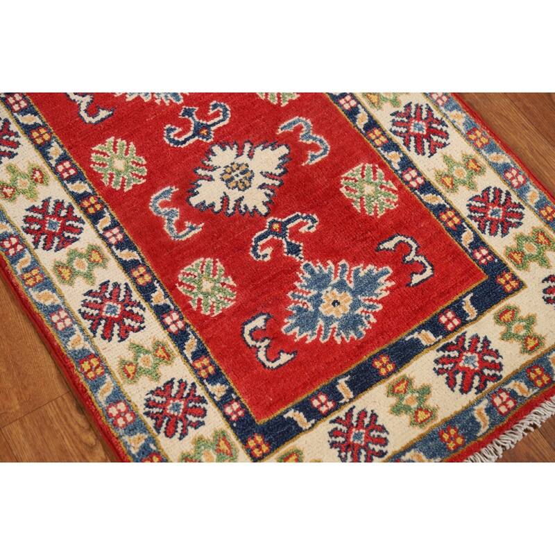Red Geometric Kazak Foyer Rug Handmade Wool Carpet - 2'0" x 3'0"